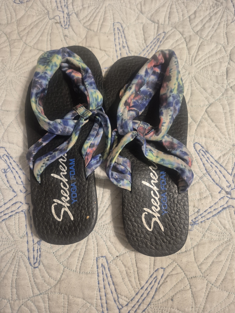 Skechers Women’s Black Foam Sandals with Multicolor Tie-Dye Straps